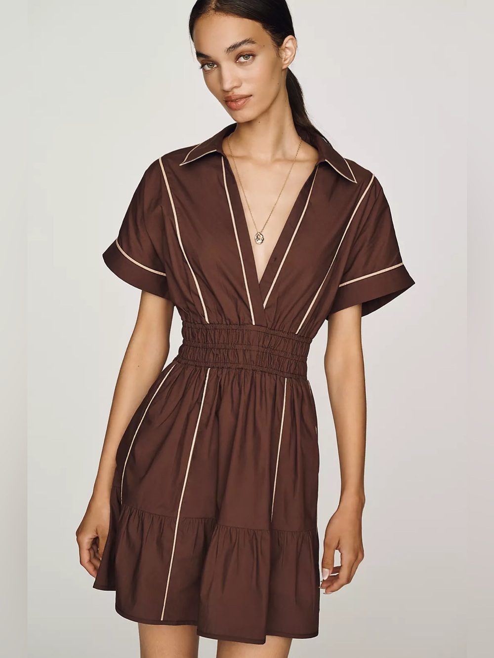 Anthropologie Somerset Brown Piped A Line Mini Shirt Dress Size Medium